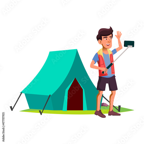 person teen boy using smartphone smart media. messenger network. vector flat cartoon illustration