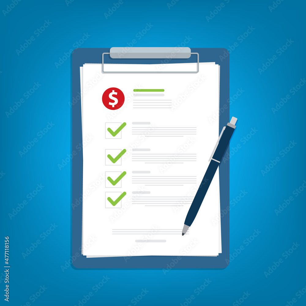 Clipboard with dollar sign, checkmarks and pen. Financial planning, investing, business audit, business plan concepts. Flat design. Clipboard with dollar sign, checkmarks and pen. Financial planning, investing, business audit, business plan concepts. Flat design.