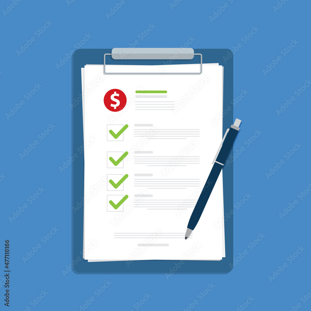Clipboard with dollar sign, checkmarks and pen. Financial planning, investing, business audit, business plan concepts. Flat design. Clipboard with dollar sign, checkmarks and pen. Financial planning, investing, business audit, business plan concepts. Flat design.