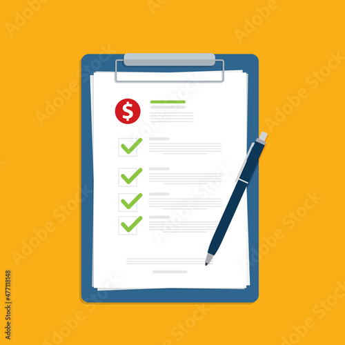 Clipboard with dollar sign, checkmarks and pen. Financial planning, investing, business audit, business plan concepts. Flat design. 