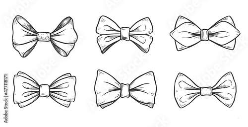 Tie bow doodle sketch. Hand drawn sketch vintage ribbon neck bow for wedding, fashion element. Isolated vector illustration.