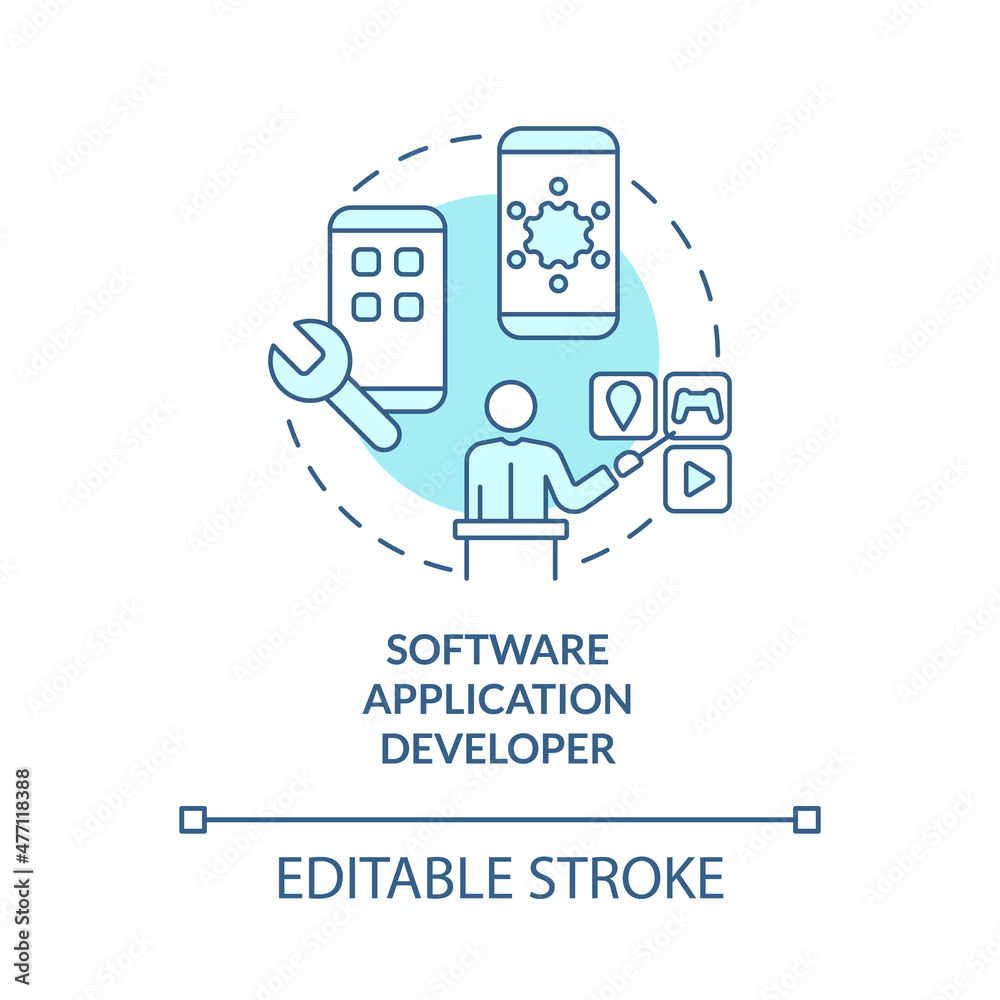 Software application developer turquoise concept icon. Mobile app coder abstract idea thin line illustration. Isolated outline drawing. Editable stroke. Roboto-Medium, Myriad Pro-Bold fonts used