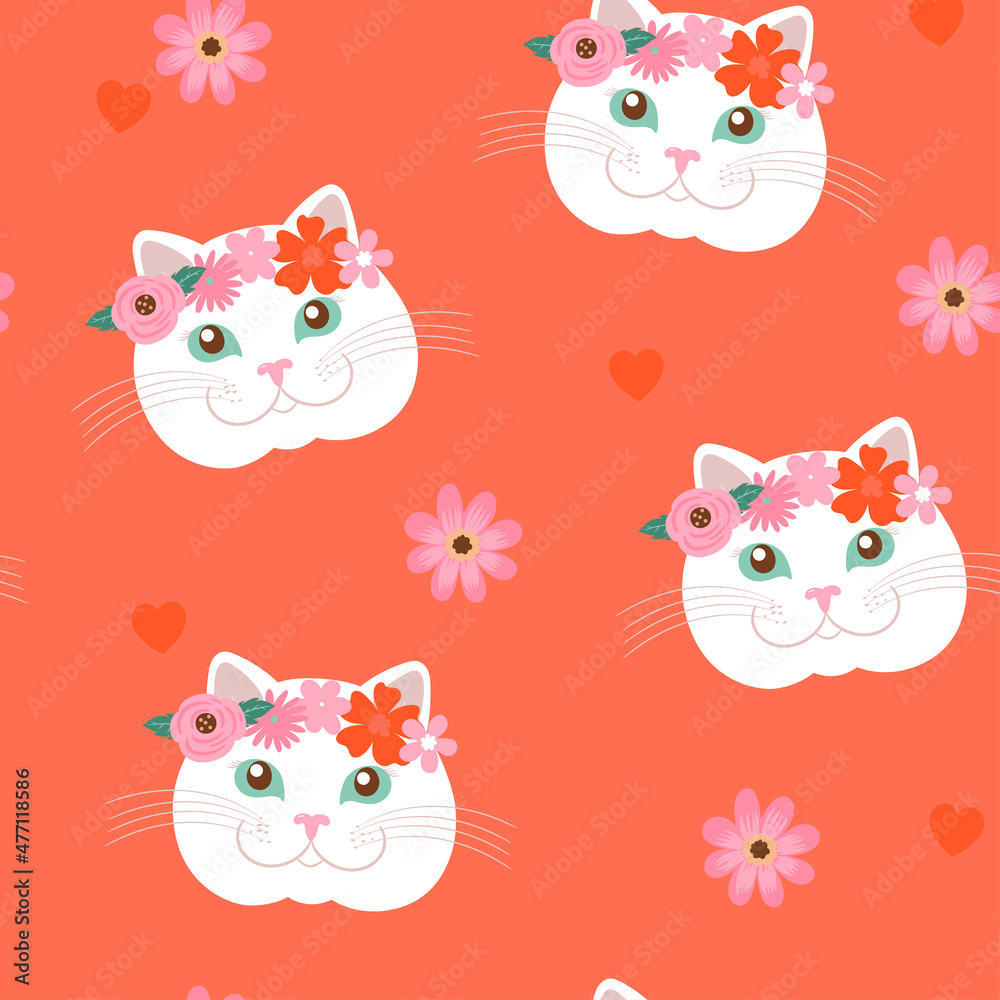 Valentine's day seamless pattern with cute cat faces. Vector graphics. Valentine's day seamless pattern with cute cat faces. Vector graphics.