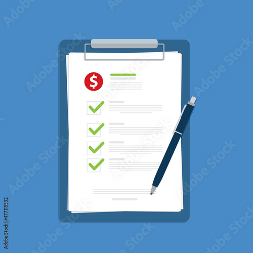 Clipboard with dollar sign, checkmarks and pen. Financial planning, investing, business audit, business plan concepts. Flat design. Vector illustration. © madedee