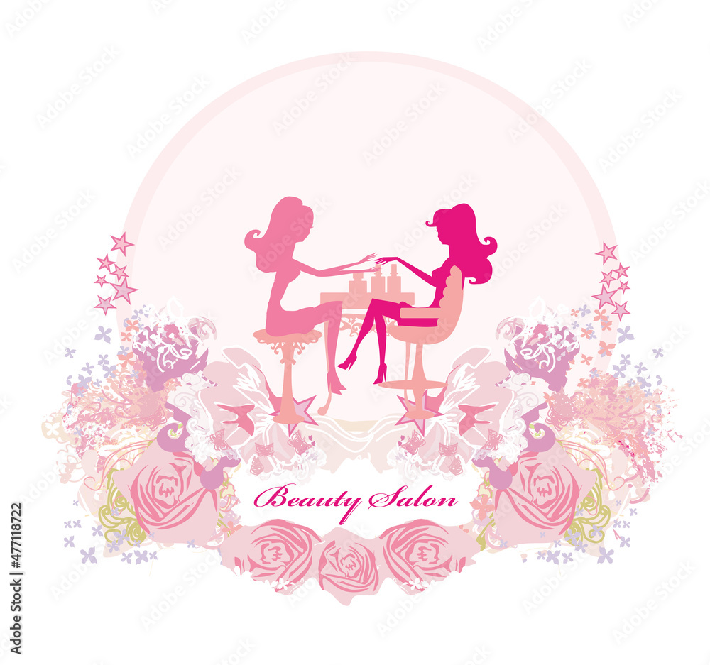manicure in beauty salon, pink decorative card - obrazy, fototapety, plakaty 