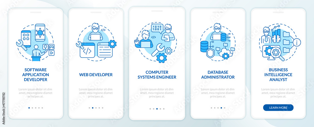 Jobs coders can get blue onboarding mobile app screen. Developer walkthrough 5 steps graphic instructions pages with linear concepts. UI, UX, GUI template. Myriad Pro-Bold, Regular fonts used