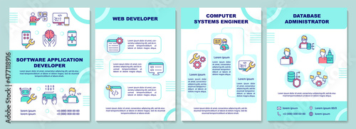 Software application developer brochure template. Developer. Booklet print design with linear icons. Vector layouts for presentation, annual reports, ads. Arial-Black, Myriad Pro-Regular fonts used