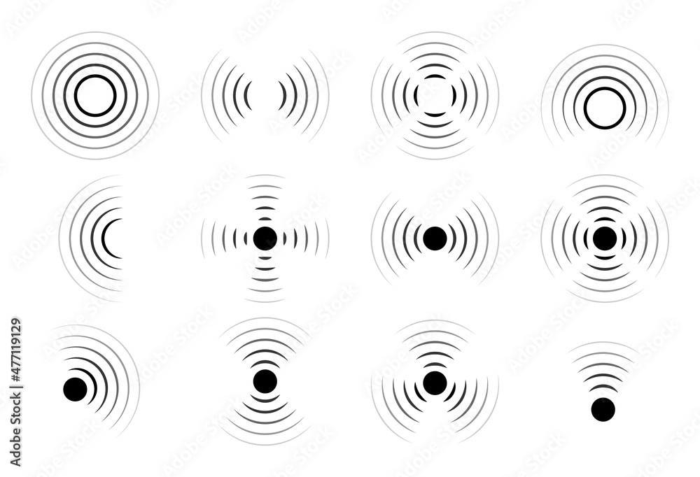 Sound wave vector icons. Circle radar or sonic sonar signals, pulses. Speaker with noise energy in air graphic. Round radio frequency. Abstract radial vibration symbol on white background. Loud scan - obrazy, fototapety, plakaty 