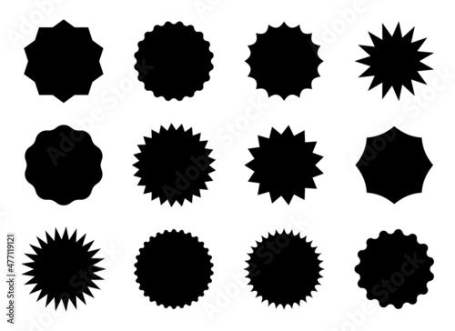 Sticker shapes of starburst, stars and sunburst. Vector round badge, circles icons with burst for promo sale, price label, tag and banners. Set of black simple sun button on white.Retro blank designs photo