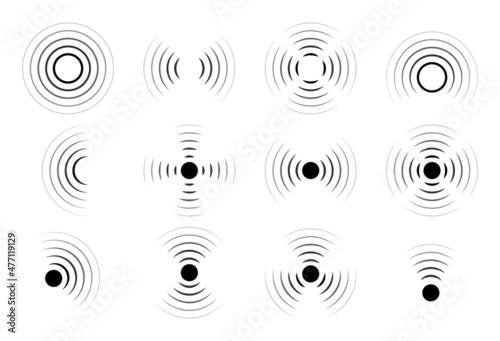 Sound wave vector icons. Circle radar or sonic sonar signals, pulses. Speaker with noise energy in air graphic. Round radio frequency. Abstract radial vibration symbol on white background. Loud scan photo