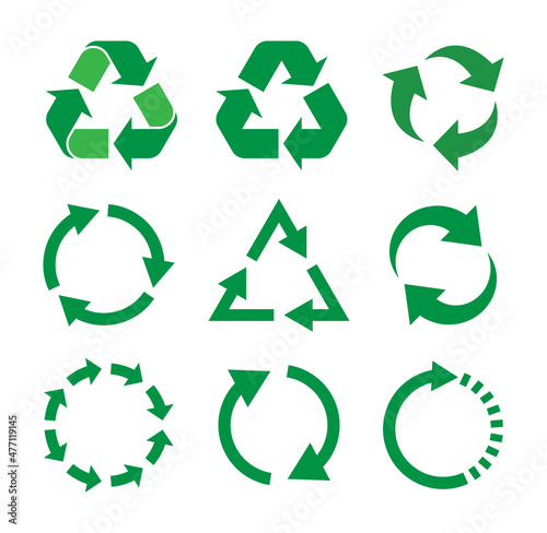 Vector icons and symbols of circle arrow of recycle, reuse, eco cycle. Logo sign of eco environment and waste, paper reuse. Round green pictograms and triangles of earth ecology flat illustration.eps
