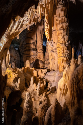 Postojna cave, Slovenia. Formations inside cave with stalactites and stalagmites. © Gunter