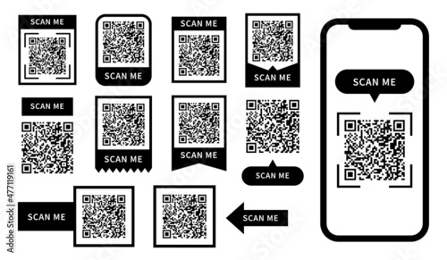 QR code scan me vector icons and mobile. Digital qrcodes, barcodes stickers with label, tag design set with phone frame scanner. Technology smartphone concept of app with id data information, banner