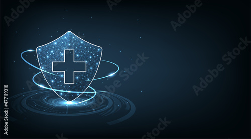 Medical security technology concept.Medical health protection shield on dark blue background.Medical and security polygonal  illustration.