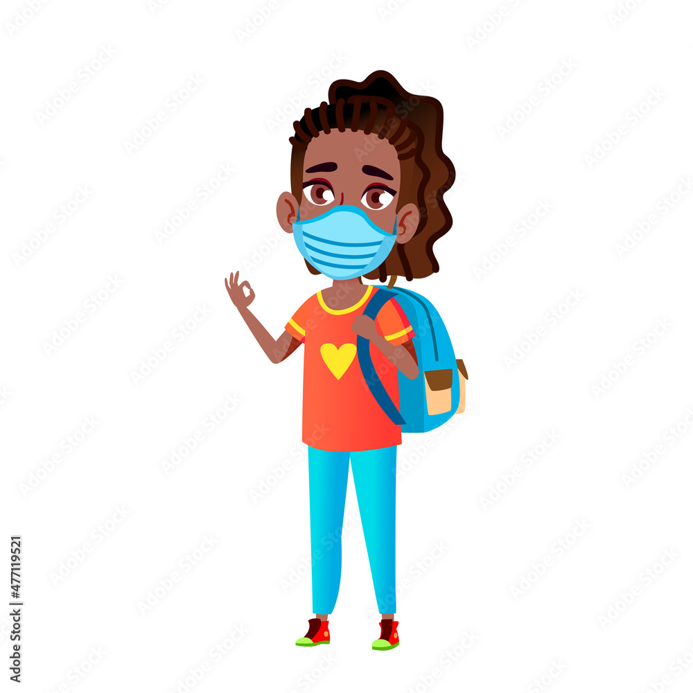 Teen girl student wearing mask. College people. Safety kid. vector character flat cartoon Teen girl student wearing mask. College people. Safety kid. vector character flat cartoon