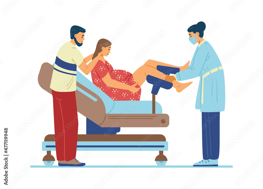 Woman in labor in clinic, flat vector illustration isolated on white background.