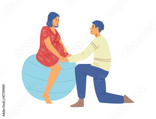 Birth position on fitball, flat vector illustration isolated on white background.
