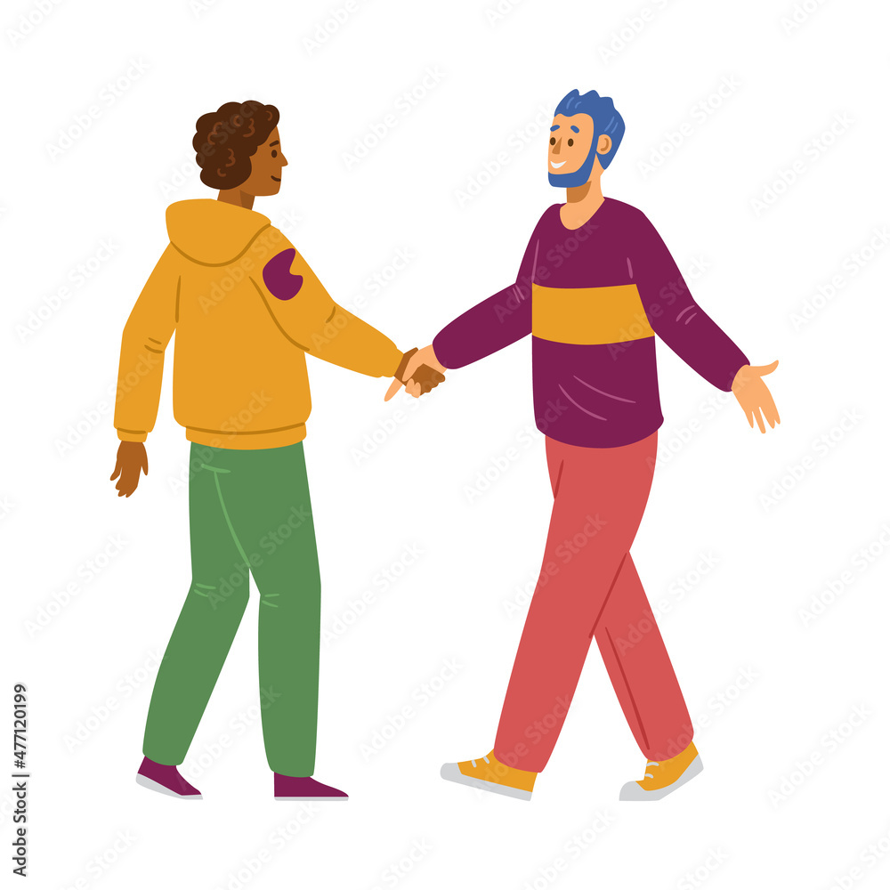 Two male friends meeting and greeting each other, flat vector illustration isolated on white background.