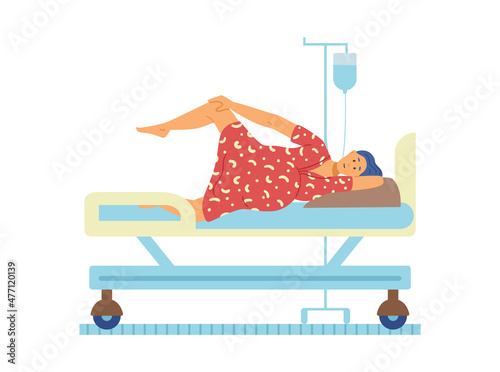 Pregnant woman during childbirth lying on couch, vector illustration isolated.
