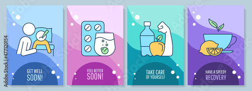 Recovery greeting card with color icon element set. Reassuring words for patient. Postcard vector design. Decorative flyer with creative illustration. Notecard with congratulatory message