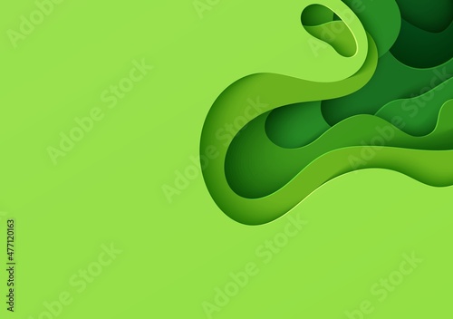 Abstract green background in paper cut style. 3d layout wallpaper cut out from cardboard. Modern template with abstract curve shapes. Vector environmental card with papercut waves for business poster.