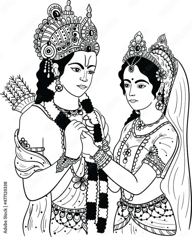 Indian Hinduism god Lord Shri Ram and his wife Goddess Sita doing marriage  vector line art of varmala program. Traditional Indian god black and white  wedding clip art illustration. vector de Stock