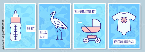 Baby shower greeting card with color icon element set. Expecting baby delivery. Postcard vector design. Decorative flyer with creative illustration. Notecard with congratulatory message