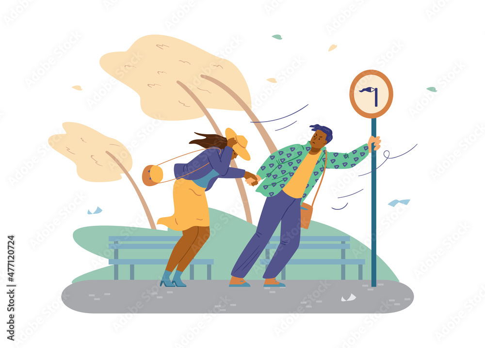 People trying to escape in thunderstorm in the park, flat vector illustration on white background.