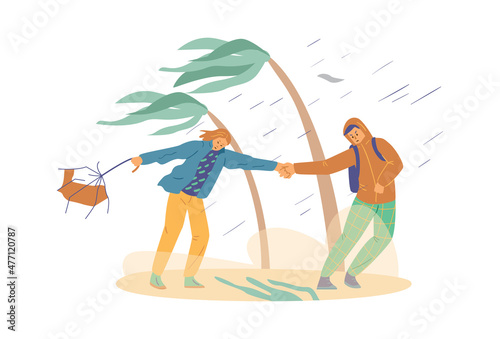 Wind storm and rain hit people on the beach, flat vector illustration on white background.
