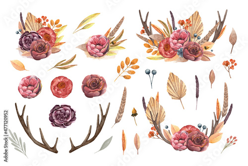 Watercolor floral fall. Bot...