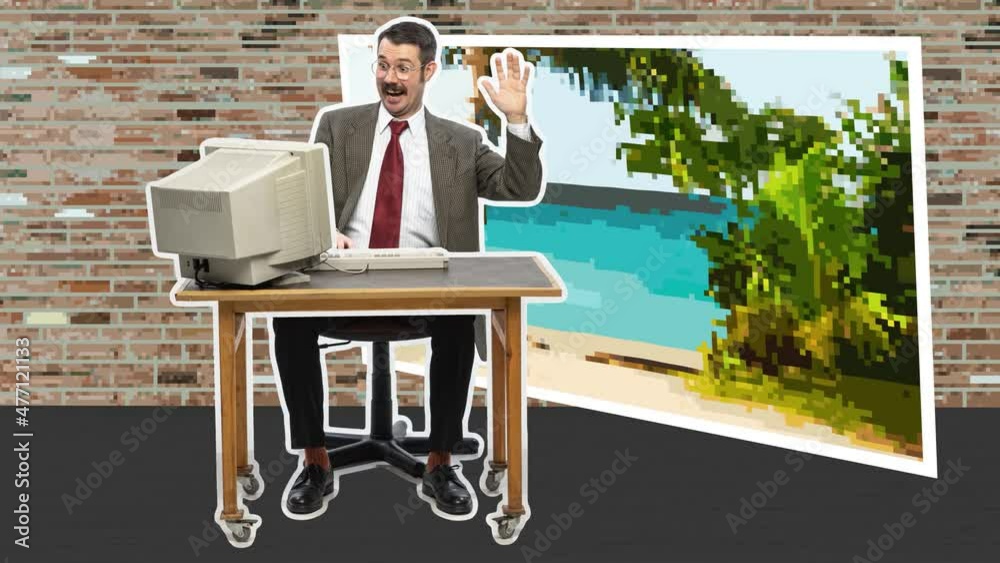 custom made wallpaper toronto digitalSmiling man greets employees at online video conference or chat. Freelancer or office worker using internet at home. Looped animation. 4k. Stop motion design, 2D animation. Business, travel concept