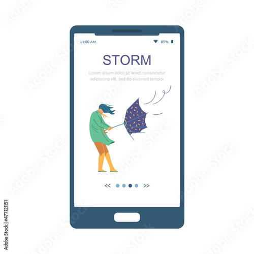 Heavy wind storm and woman with broken umbrella, user interface template, flat vector illustration.