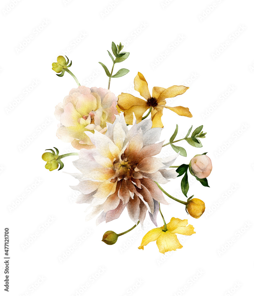 Naklejka premium Hand-drawn watercolor floral bouquet with dahlia, creamy rose, yellow flowers, buds. Summer arrangement. Garden botanical illustration isolated on white background for wedding invitations, cards