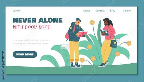 Girl and guy read good books with enthusiasm. Web banner with student readers