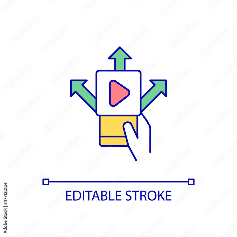 Sharing content RGB color icon. Distribute media on social media. Multimedia distribution. Isolated vector illustration. Simple filled line drawing. Editable stroke. Arial font used Sharing content RGB color icon. Distribute media on social media. Multimedia distribution. Isolated vector illustration. Simple filled line drawing. Editable stroke. Arial font used