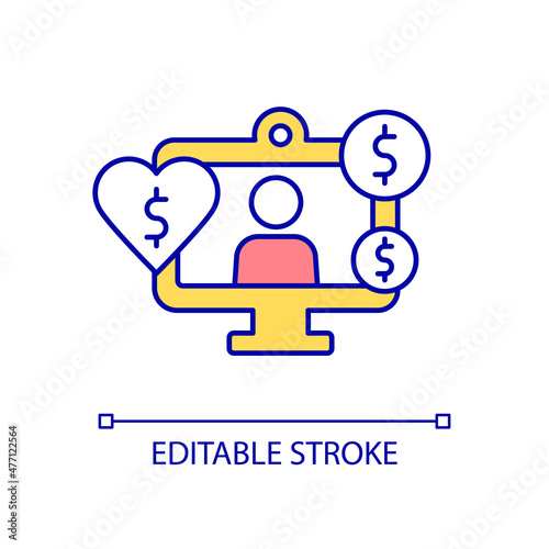 Monetize content RGB color icon. Earning money from viewers. Subscription business model. Users donations. Isolated vector illustration. Simple filled line drawing. Editable stroke. Arial font used