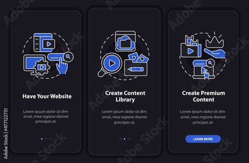 Video on demand night mode onboarding mobile app screen. Content walkthrough 3 steps graphic instructions pages with linear concepts. UI, UX, GUI template. Myriad Pro-Bold, Regular fonts used