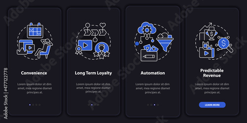 Benefits of subscription night mode onboarding mobile app screen. Walkthrough 4 steps graphic instructions pages with linear concepts. UI, UX, GUI template. Myriad Pro-Bold, Regular fonts used