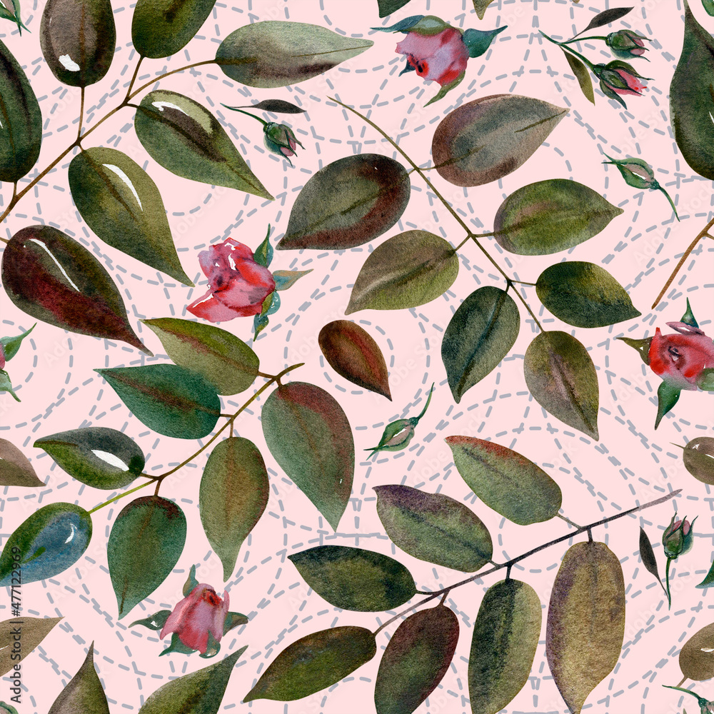 Watercolor botanical pattern with buds, branches and leaves of pink roses on a pink background in blue circles. Seamless texture for fabric, packaging, backgrounds, wallpapers, stationery. Watercolor botanical pattern with buds, branches and leaves of pink roses on a pink background in blue circles. Seamless texture for fabric, packaging, backgrounds, wallpapers, stationery.