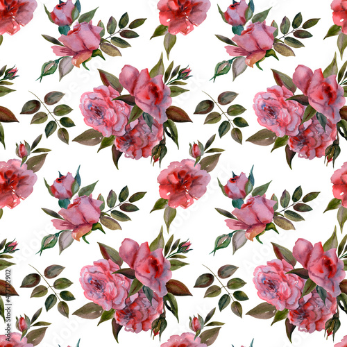 Fototapeta Naklejka Na Ścianę i Meble -  Watercolor botanical pattern with buds, branches and inflorescences of pink roses on a white background. Seamless texture for fabric, packaging, backgrounds, wallpapers, stationery. 