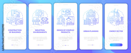Digital twin use cases blue gradient onboarding mobile app screen. Walkthrough 5 steps graphic instructions pages with linear concepts. UI, UX, GUI template. Myriad Pro-Bold, Regular fonts used