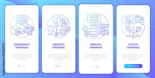 Twinning levels blue gradient onboarding mobile app screen. System twin walkthrough 4 steps graphic instructions pages with linear concepts. UI, UX, GUI template. Myriad Pro-Bold, Regular fonts used
