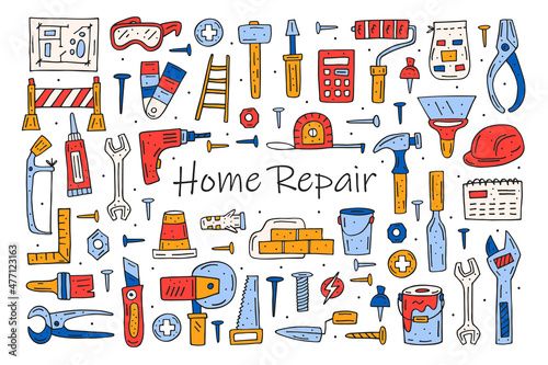 Home repair tools, instruments cartoon cute hand drawn doodle vector clipart, set, illustration, elements, stickers, icons. Funny colorful design. Isolated on white background.