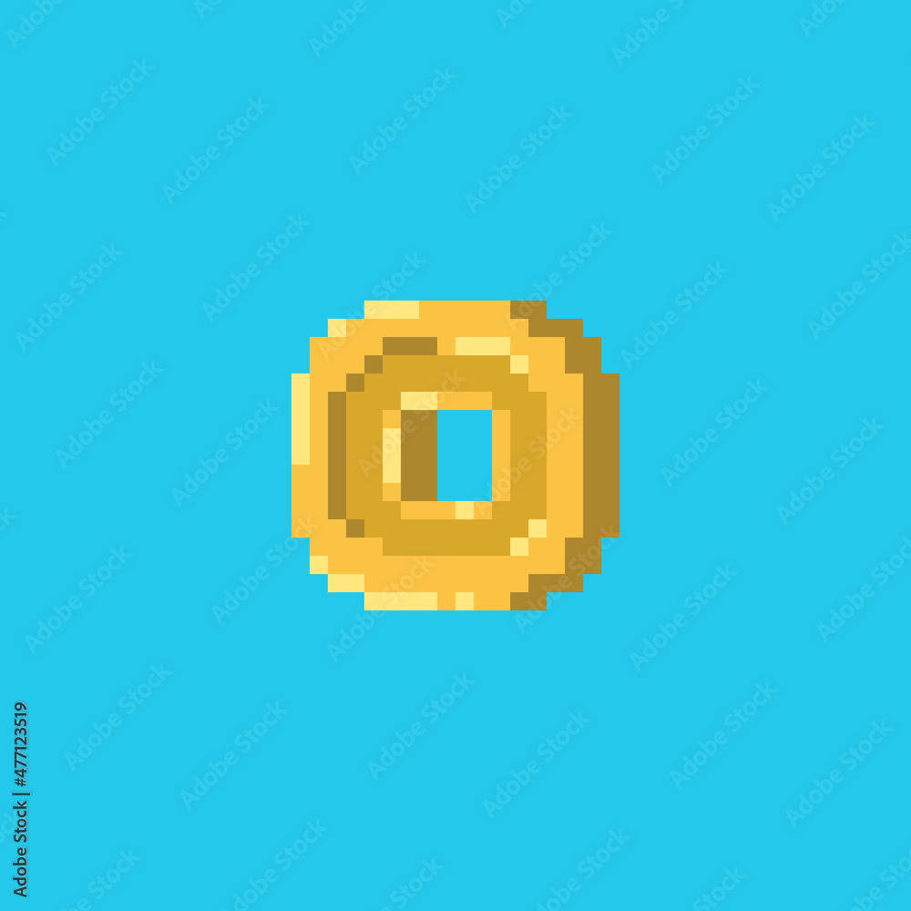 Pixel art lucky coin icon. Vector 8 bit style illustration of Chinese golden fortune hole coin. Isolated golden decorative oriental holiday element of retro video game computer graphic.