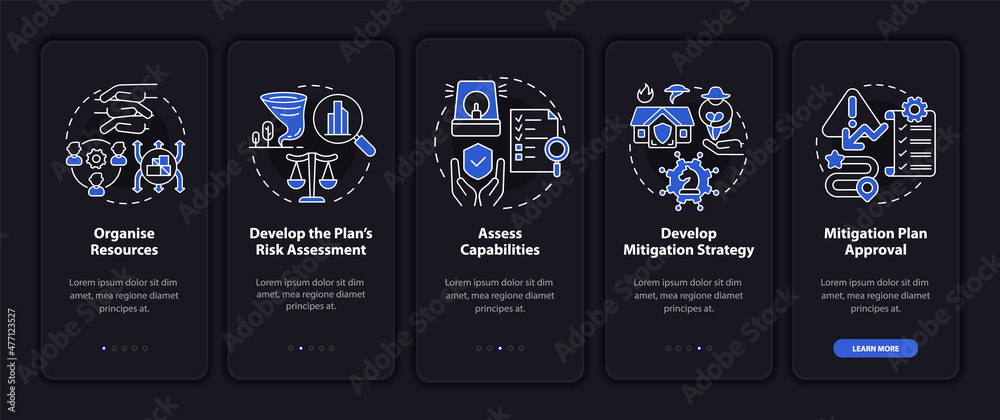 Mitigation Options Interface Hazard mitigation steps night mode onboarding mobile app screen. Risk ...