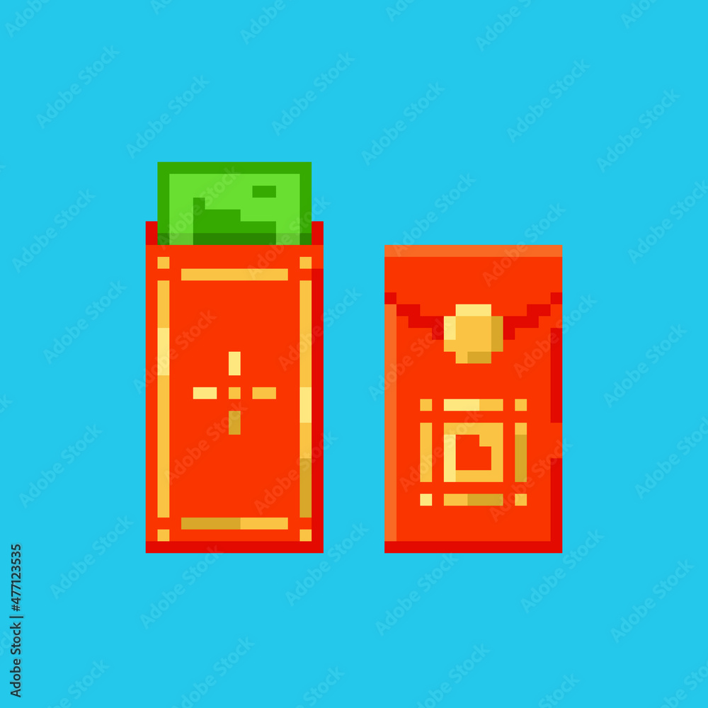 Pixel art lucky money envelope gift icon. Vector 8 bit style illustration of Chinese angpao money present. Isolated red and gold colors holiday decorative element of retro video game computer graphic. Pixel art lucky money envelope gift icon. Vector 8 bit style illustration of Chinese angpao money present. Isolated red and gold colors holiday decorative element of retro video game computer graphic.