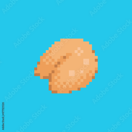 Pixel art fortune cookie icon. Vector 8 bit style illustration of Chinese prediction lucky cookie. Isolated decorative oriental holiday element of retro video game computer graphic.