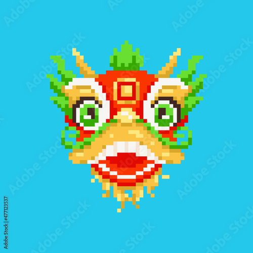 Pixel art dancing lion or dragon icon. Vector 8 bit style illustration of Chinese lion or dragon face. Isolated red and gold holiday decorative element for retro video game computer graphic. © Takoyaki Shop