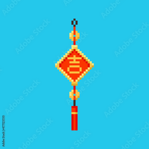 Pixel art good luck amulet icon. Vector 8 bit style illustration of asian lucky keychain amulet. Isolated red and gold holiday chinese decorative traditional element of retro video game graphic.