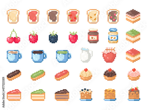 Pixel art sweets set. Vector 8 bit style collection of yummies, cakes, eclairs, desserts, toasts, jams, berries, tea, and pancakes. Isolated cute food element of retro video game computer graphic.